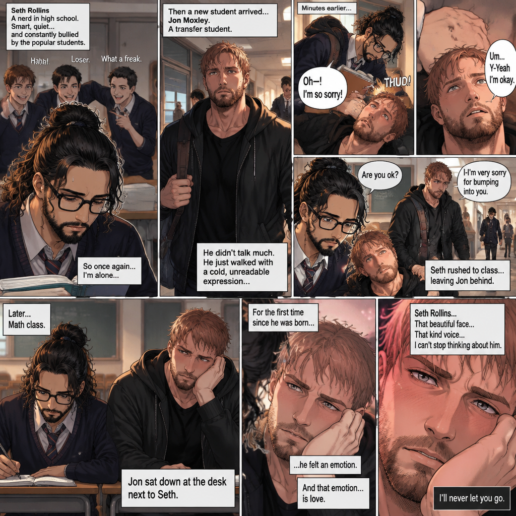(Yandere x Nerd). Seth Rollins is a nerd in high school,He was bullied by popular students. He sat alone at a desk during math class….Then a long Came Jon Moxley (A transfer student). He sat down at the desk Next to Seth. They’ve met before this moment. Minutes earlier,Jon was walking down to his first class…Then Seth accidentally bumped into him and Jon fell down. He looked up at Seth….And saw his face. “Are you ok?” Seth asked. “Um….Y-Yeah I’m okay” Said Jon. Seth helped Jon stand up. “I-I’m very sorry for bumping into you” said Seth. He rushed to class and Jon watched. For the first time since he was Born…he felt an emotion….and that emotion is love