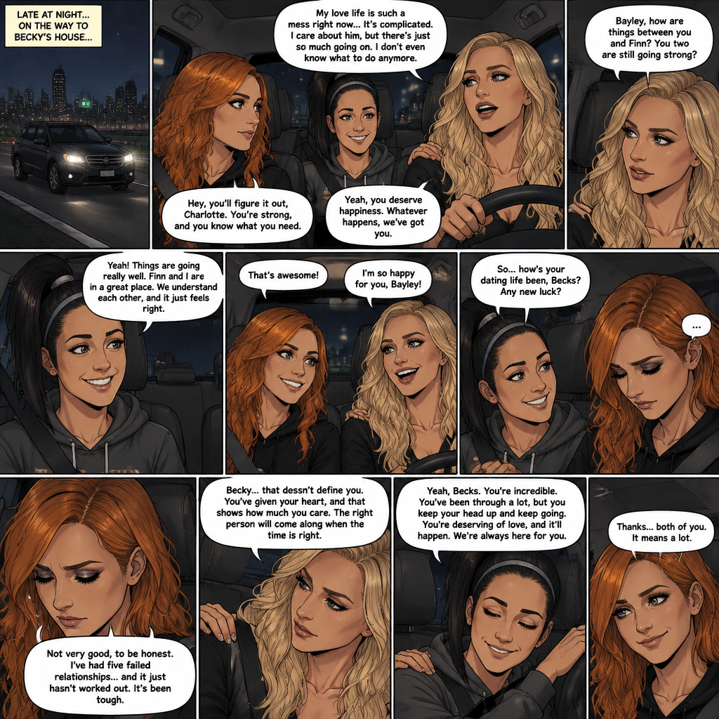 It was late at night,Becky Lynch Was in a car with Charlotte Flair and Bayley. They were driving to Becky’s house. Charlotte was talking about her complicated love life. Becky and Bayley were giving her words of comfort and support. Charlotte then asked Bayley how things were between her and Finn Bálor (They’re dating in this story). Bayley said things were going very well between the two of them. Becky and Charlotte were both happy to hear that. Bayley then looked at Becky and asked How HER dating life had been. Becky got a sad look on her face as she admitted that her dating life wasn’t doing very good,She had Five failed relationships. Charlotte and Bayley gave Becky words of comfort