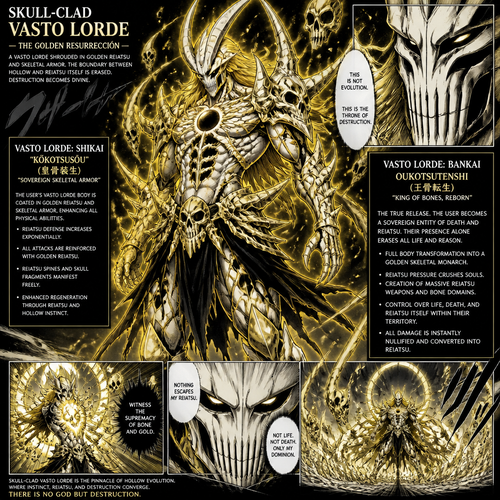 Skull-Clad vasto lorde : granting him power that envelops his vasto lode body in golden Reiatsu and skull-like armor as vasto lorde shikai and bankai explained 
