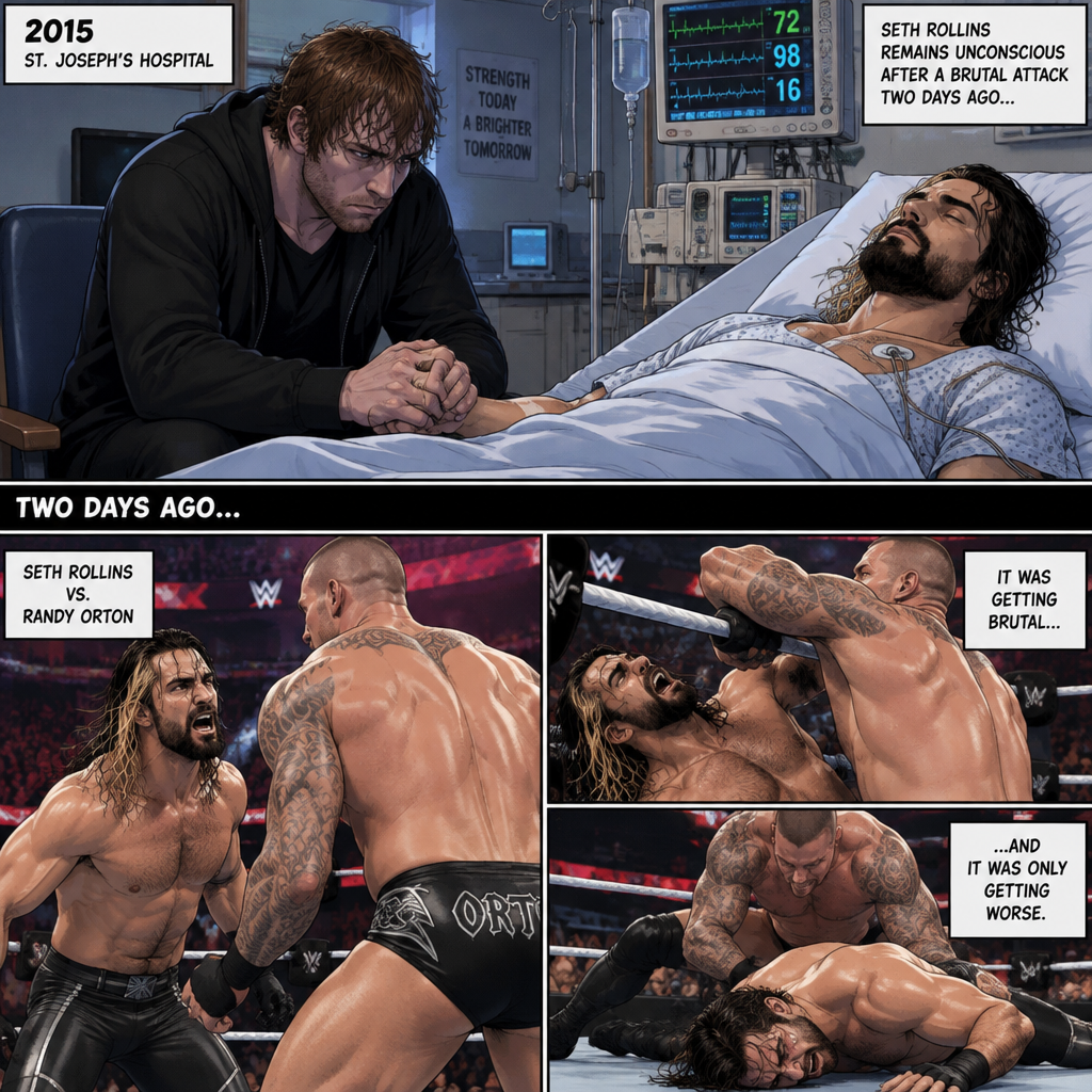 It’s the year 2015,We’re in a hospital. Seth Rollins was lying in a hospital bed unconscious. Dean Ambrose was sitting by his side and holding his hand. (What happened to Seth you ask? Well…let’s rewind to two days ago). Seth was in a match against Randy Orton. It was getting brutal