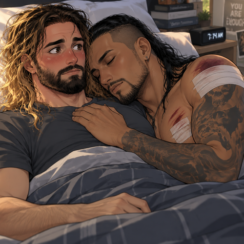(Recap). Seth Rollins (College student) had just finished studying late at night,Then there was a noise downstairs,he investigated,the front door was open,He closed,Then there was a dripping noise in the kitchen,He goes to investigate,it was just a leaky faucet,He turned it off,he turned around,Damien priest (The bad boy) was right behind him,His chest had scratch marks on it and his shoulder had a huge bite mark on it,Seth was horrified,He goes to turn on the light but Damien grabbed his wrist before he could,he pulled Seth closer to him,Then he puts his head on Seth’s shoulder,His body was shaking a little as if he was crying,he said to Seth “Help me…please…Angel”,Seth slowly wrapped his arms around Damien,Damien’s body slowly relaxed as if he felt safe in Seth’s arms,Seth takes Damien to the bathroom,he grabs a first aid kit,he gently cleans Damien’s wounds and bandages them afterwards,Seth said “There,That should do it,Damien looks up at Seth and softly said “Thank you,Angel”,Seth blushed a little and said to Damien “you’re welcome” (And now part 3). The next morning,Seth and Damien were asleep in Seth’s bed,Seth slowly woke up,He was in Damien’s embrace. He blushed and his heart fluttered. Damien must’ve heard it because he subconsciously put his hand on Seth’s chest to feel Seth’s heartbeat