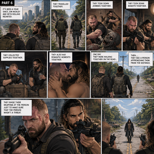 (Part 6). Still in the zombie apocalypse. “it’s been a year since Jon Moxley and Seth Rollins reunited. They travelled together,They took down zombies together,They took down bandits together,They collected supplies together,They also had romantic moments together. One day they were walking together on the road…Then…..they see a person approaching them from the distance. They raise their weapons at the person just to make sure that the person wasn’t a threat