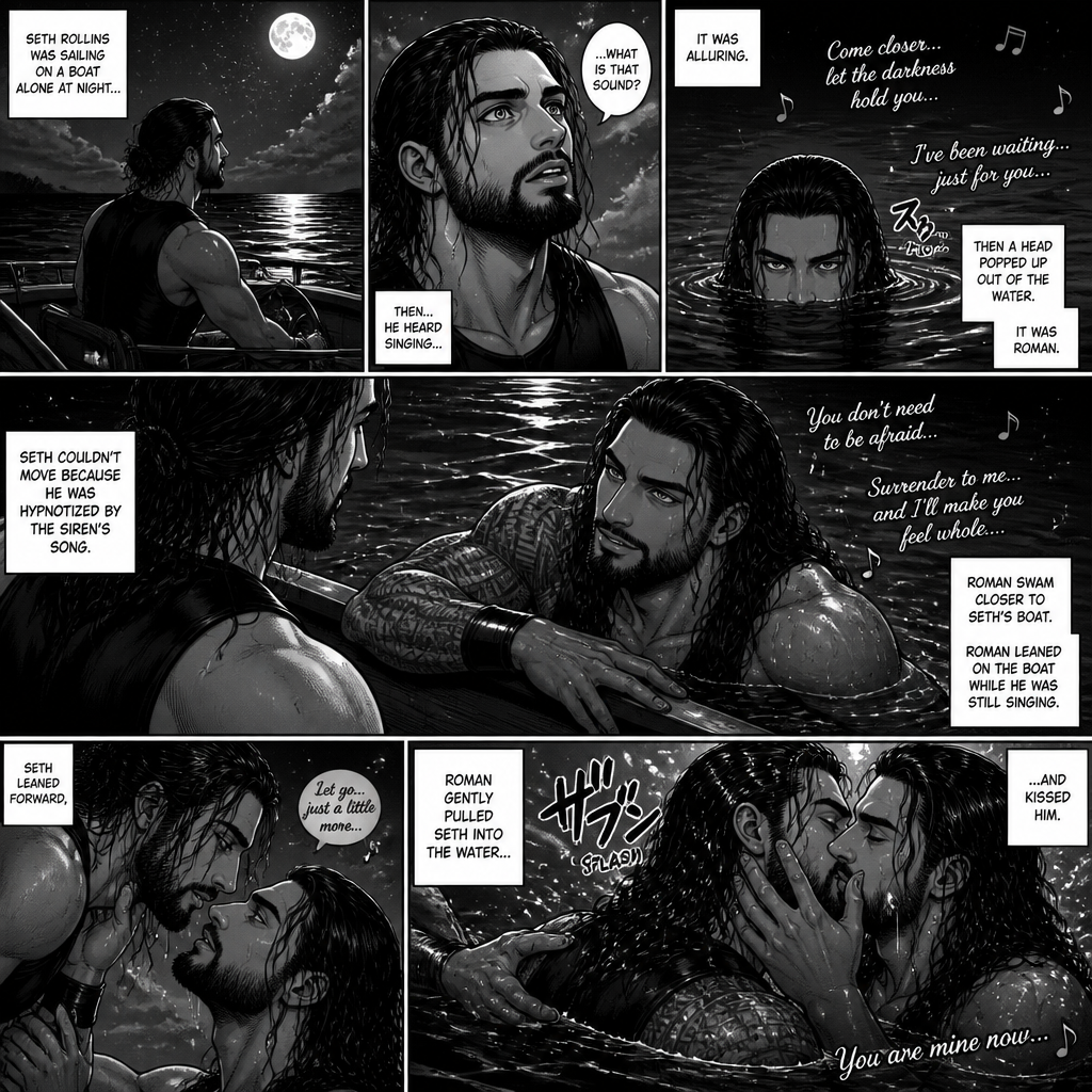 WWE superstar Roman Reigns as a siren Story:Seth Rollins was sailing on a boat alone at night…Then…He heard singing…it was alluring.Then a head popped up out of the water,It was Roman.Seth couldn’t move because he was hypnotized by the sirens song.Roman swam closer to Seth’s boat.Roman Leaned on the boat while he was still singing.Seth Leaned forward,Roman gently pulled Seth into the water…And kissed him