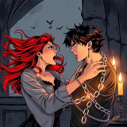 20 year old red haired maya screaming at 19 year old dark haired David in his white shirt tied up with some enchanted chains surrounded by candles 
