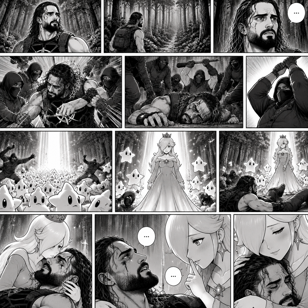 (Part 2 of the Seth Rollins x Princess Rosalina story). It had been two months since that night. Seth hadn’t seen Luma since. He was walking in the woods completely lost. Then suddenly….he attacked by a group of bad guys. He fought them off as best as he could…but eventually he got overpowered. Just before one of them got the chance to finish him off…a beam landed on the ground…and out came an army of Lumas. They attacked the bad guys. Another beam landed…and out came Princess Rosalina herself. She walked towards the injured Seth. She gently held him. Seth tried to speak but Rosalina shushed him softly