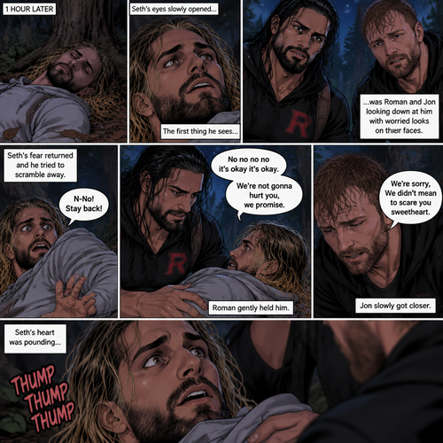 (Recap) Roman Reigns (The college football player) and Jon Moxley (The bad boy) have been hanging out with Seth Rollins (The college student) for a month,They would even protect him from bullies,Seth stated feeling less insecure because of them,one night he was getting ready for bed in his dorm room,then he heard screaming from outside,He ran outside to investigate without any shoes on,the screaming slowly stopped,He sees something near the trees,he walked closer,He sees vampires drinking blood from a burglar,they sensed his presence and looked at him,it was Roman and Jon,Seth turned around and ran away in fear,Roman and Jon called out after him,Seth kept running till he hit his head on a tree branch and lost consciousness,the last thing he heard before losing consciousness was Roman and Jon running towards him and calling his name. (And now part 3). 1 hour had passed,Seth was still unconscious. Then his eyes slowly opened,the first thing he sees was Roman and Jon looking down at him with worried looks on their faces. Seth’s fear returned and he tried to scramble away. Roman gently held him. “No no no no it’s okay it’s okay,We’re not gonna hurt you,we promise” Said Roman. Jon slowly got closer. “We’re sorry,We didn’t mean to scare you sweetheart” Jon said softly. Seth’s heart was pounding