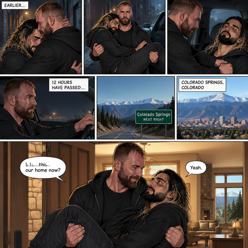 (Recap) Seth Rollins and Jon Moxley had an emotional reunion in an alley away,Jon carried Seth to his car,he put him in the passenger seat and Drove,12 hours have passed,they’re in Colorado Springs,Colorado,Jon was still driving and Seth was asleep in the passenger seat,he arrived at a house and parked the car,he got out and walked to the passenger side,he gently shook Seth awake,he lifted Seth in his arms and walked to the house. (And now part 3). Jon entered the house with Seth in his arms. Seth looks at the place. “Is…this…our home now?” Seth asked. Jon smiled softly