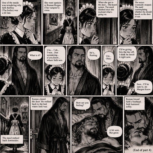 (Part 4 of the Vampire x Butler story).One of the maids was wondering why Seth Rollins (The butler) was a bit late. She went upstairs to Roman Reigns (The vampire)’s room. When she got to the door…She heard noises. The maid Blushed once she realized what’s going on. The noises eventually stopped. The maid contemplating whether she should knock on the door or not. Then the door opened,Roman was standing there in a robe. “What is it?” Roman asked. “Um….I uh…I was..Just wondering…if you knew…where Seth was” Said the maid. “He’s..Resting” said Roman. “Um…Okay” said the maid. “I’ll be giving him the day off,I think he needs it right now” said Roman. “Sure..I’ll be sure to..let Margret know” said the maid. The maid walked back downstairs. Roman closed the door. He walked back to the bed where Seth was. He gently stroked Seth’s hair. “How are you feeling?” Roman asked softly. “A bit sore..But good” Seth said softly. Roman kissed Seth’s forehead. Seth hummed softly. (End of part 4)