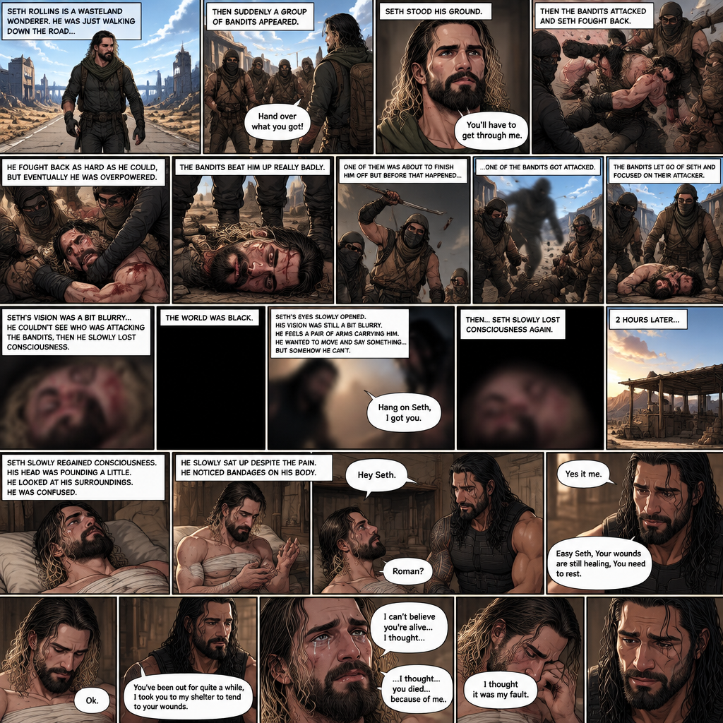 (Recap).Seth Rollins is a wasteland wonderer,He was just walking down the road,Then suddenly A group of bandits appeared,Seth stood his ground,Then the bandits attacked and Seth fought back,He fought back as hard as he could,but eventually he was overpowered,The bandits beat him up really badly,One of them was about to finish him off but before that happened One of the bandits got attacked,The bandits let go of the weakened and Injured Seth and focused on their attacker,Seth’s vision was a bit blurry,he couldn’t see who was attacking the bandits,then he slowly lost consciousness. (And now part 2). The world was black. Seth’s eyes slowly opened,His vision was still a bit blurry. He feels a pair of arms carrying him. He wanted to move and say something…but somehow he can’t. Then he heard a faint voice saying “Hang on Seth,I got you”. It sounded familiar to Seth. Then…Seth slowly lost consciousness again. 2 hours later,Seth slowly regained consciousness. His head was pounding a little. He looked at his surroundings. He was confused. He slowly sat up despite the pain. He noticed bandages on his body,Then….A voice spoke softly “Hey Seth”. He recognized that voice…it was Roman Reigns. Seth looked up. “Roman?” Seth asked softly. Roman Sat next to Seth. “Yes it me” Roman said softly. Seth tried to get up but Roman stopped him. “Easy Seth,Your wounds are still healing,You need to rest” said Roman. “Ok” Seth said softly. “You’ve been out for quite a while,I took you to my shelter to tend to your wounds” Roman said softly. Seth was quiet for a little. Then he spoke “I can’t believe you’re alive…I thought…” tears welled up in his eyes,Then he continued to speak “…I thought…you died…because of me”. Roman was sad to hear that Seth blamed himself for what happened. “I thought it was my fault” Seth said through his tears