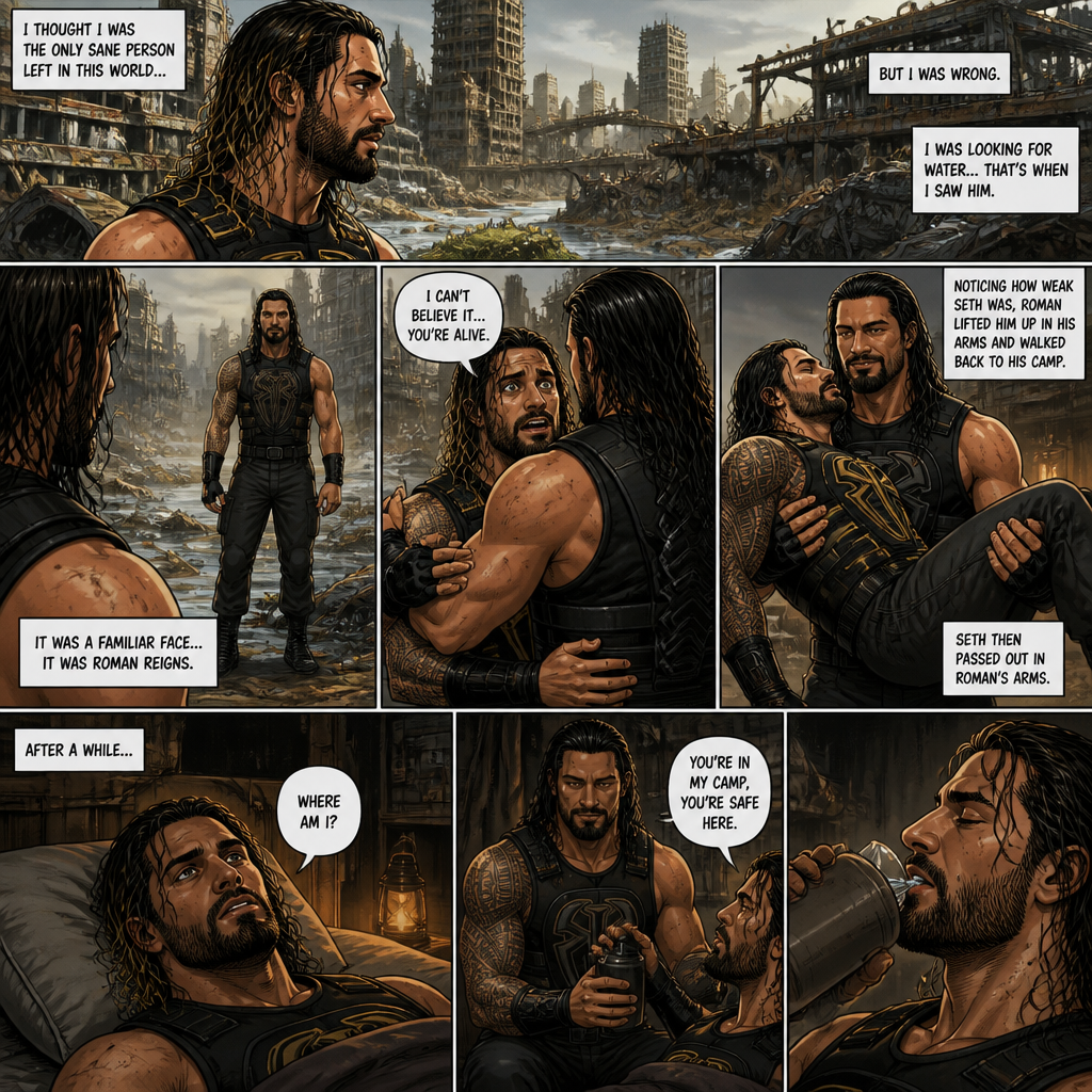 WWE superstar Seth Rollins in a post apocalyptic world trying to survive.He thought he was the only sane person left…. But he was wrong.One while was looking for water….He saw a familiar face…it was Roman Reigns.He thought he was hallucinating from dehydration…Till he fell into Roman’s arms.He realized…Roman was actually here.”I can’t believe it….you’re alive” Said Seth.Roman just simply smiled and Held Seth.Noticing how weak Seth was currently Roman lifted him up in his arms and walked back to his camp with him.Seth then passed out in Roman’s Arms.After a While Seth Slowly woke up in some sort of room.Roman was sitting beside him.”Where am I?” Seth asked weakly “You’re in my camp,You’re safe here” Said Roman.Roman then Gave Seth Some water.He drank it