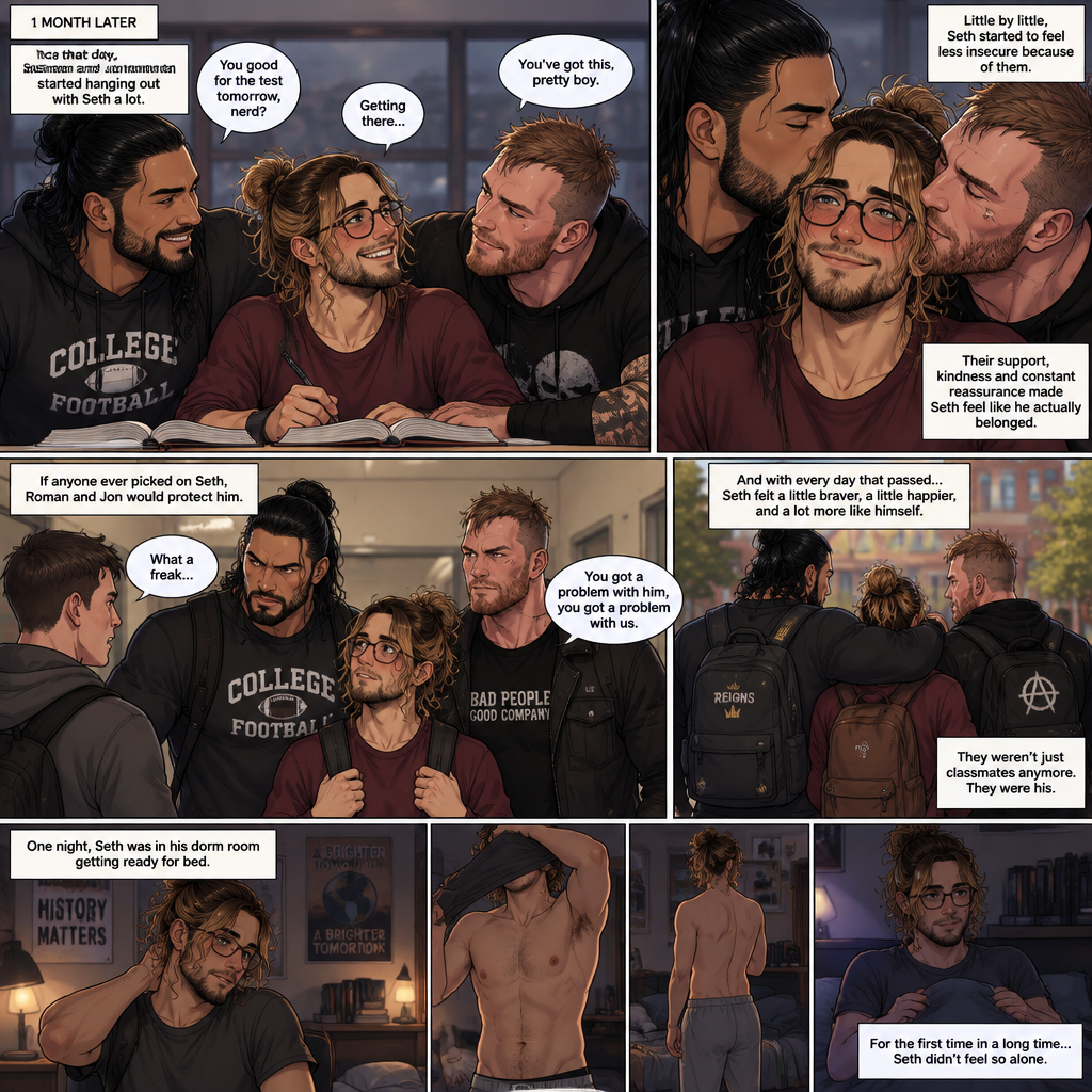 (Recap) Seth Rollins (College student) was at a history class,Then two students came in late,Roman Reigns (College Football Player) and Jon Moxley (bad boy) a.k.a the power couple,Seth thought about approaching them but his insecurity won’t let him,He thought they wouldn’t want be be around someone who was as ugly as him,He focused,Then Roman and Jon sat at two empty desks on each side of Seth,Seth was surprised,They said hello and flirted with him,Seth blushed. (And now part 2). 1 month had passed,Jon and Roman started hanging out with Seth a lot,Little by little Seth started to feel less insecure because of them. If anyone ever picked on Seth Roman and Jon would protect him. One night Seth was in his dorm room getting ready for bed