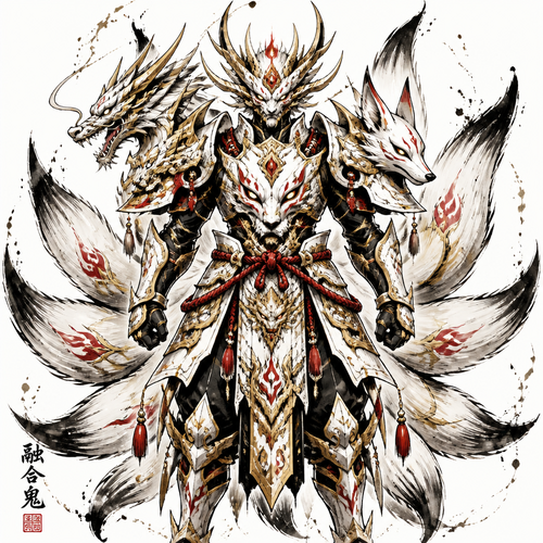 Fuse Oni, loung dragon, 9 tail fox into a 9 tail fox  style chest and waist  armor that has all the best appearance from Fuse Oni, loung dragon, 9 tail fox. Only show final product. Colors white,gold,red, black. Front view