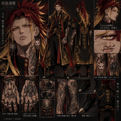 Anime character jujitsu Kaisen style long spiked hair with crimson red tag the top and about half way down it turns a vicious gold, eyebrows are gold just the same as the tips of hair. Eyes. Nose is just a Generic bottom lip Is a little bit  bigger than the top lip. Jawline is sharp clean imposing. Ears are pierced with dangling earrings the left earring is a 9 tail fox wearing a oni mask the right earring is Cerberus each head holding a different weapon in each mouth wears a special made jujitsu high uniform that is gold black and red his shoes are low cut light weight pointed steel toe boots. tattoos all over his body representing mythology from all across the world his hand tattoos represent a nine tail fox wearing a oni mask and Cerberus holding a weapon in each mouth, nine tail fox hand tattoo is on the right hand Cerberus tattoo is on the left hand. has all types of rings on his hands, bracelets going up to half of his forearms, has nose and lip piercings.