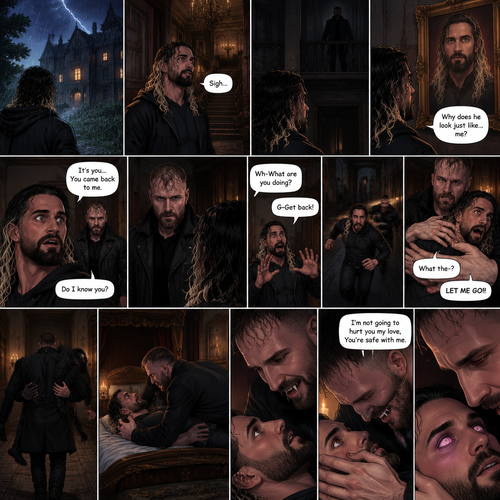 It was a dark and stormy night.Seth Rollins was lost in the woods,Then he found an abandoned mansion up ahead.Having no other options he went inside.He sighed heavily.He decided to look around,Little did he know…Someone was watching him in the darkness.He kept looking around,Then he noticed a painting of a man on the wall,He couldn’t help but notice…that the man in the painting…looked just like…him. “Why does he look just like…me?” Seth asked himself.Then…He heard the floor creak behind him,He turned around,A man (Jon Moxley) was standing right there.The man Looked at the painting and then he looked at Seth…..as if he….recognized him. “It’s you…You came back to me” The man said softly to Seth.Seth was confused. “Do I know you?” Seth asked.The man didn’t say anything else,He just simply walked slowly towards Seth.Seth got nervous and walked backwards slowly. “Wh-What are you doing?” Asked Seth. “G-Get back!” Said Seth.He then turned around and ran.The man then used some sort of super speed to catch up to Seth and grabbed him. “What the-?” Asked Seth. He struggled. “LET ME GO!!” Seth shouted.The man simply put Seth over his shoulder and walked to the staircase,Seth kept struggling…but it was no use.The man walked down the hallway,He opened a door,It was a bedroom,He walked to the bed and gently put Seth on it,then he got on top of him.The man Smiled,Seth noticed fangs on his teeth,That’s when he realized…the man…is a vampire,He got scared and started to struggle again.The man gently placed his hands on Seth’s face as if he was attempting to soothe him.He softly shushed him. “I’m not going to hurt you my love,You’re safe with me” The man said softly.He looked deeply into Seth’s eyes,He used Vampiric hypnosis to hypnotize Seth.Seth slowly relaxed under the hypnosis