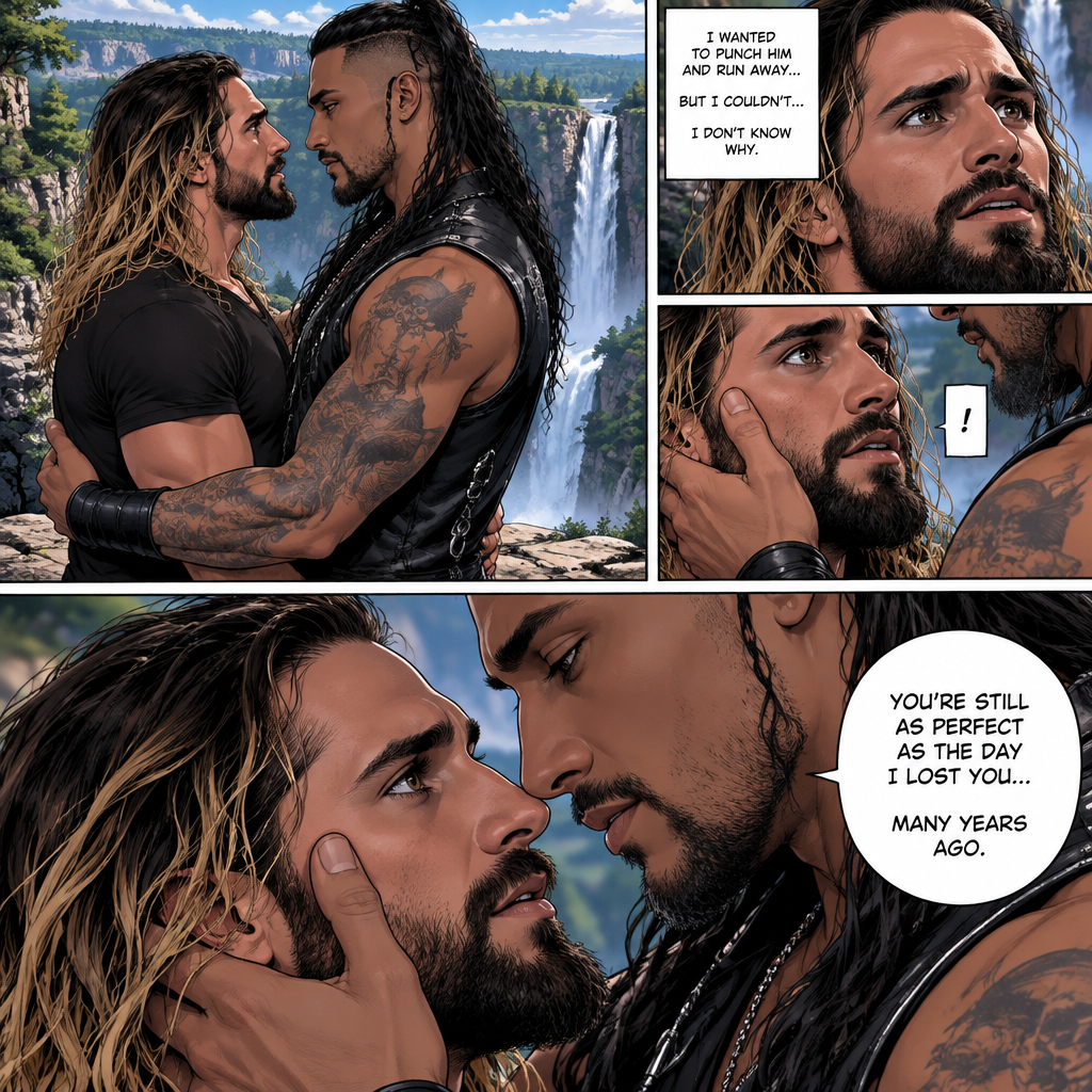 Part 4.Still at the cliff near the forest clearing with the waterfall view. Seth Rollins and the mysterious man (Damien priest) were staring into each other’s eyes. Seth wanted to punch the man and run away….but he couldn’t…he didn’t know why. The man wrapped his arm around Seth and gently pulled him closer. Seth was caught off guard. The man gently put his hand on Seth’s cheek. “You’re still as perfect as the day I lost you…many years ago” said the man
