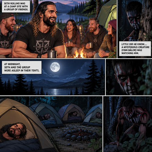 Seth Rollins was at a camp site with a group of friends,Little did he know….a mysterious creature (Finn Bálor) was watching him. At midnight,Seth and the group were asleep in their tents