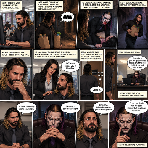 Seth Rollins was working at an office building,last night,on his way home from the grocery store he heard a scream from an alleyway,He looked and saw a Vampire,He recognized the vampire…it was Jeff Hardy…his boss,Seth quietly ran home hoping Jeff didn’t see him,He had been thinking about that night all day,He was snapped out of his thoughts when someone tapped him on the shoulder,It was Jessica Jeff’s assistant,she told him that Jeff wanted to see him in his office,Dread washed over Seth’s face,He walked to Jeff’s office and knocked on the door’”Come in” said Jeff,Seth opened the door,”There he is,just the guy I wanted to see,shut the door behind you and take a seat” said Jeff,Seth closed behind him and took a seat. (And now part 2). “Is there something wrong Mr.Hardy?” Seth asked nervously. Jeff looked at Seth with a serious expression. “I know you saw me last night” said Jeff. Seth had a fearful expression on his face but tried to keep it cool. “I’m sorry…I don’t know what you’re talking about” said Seth. “Don’t play dumb with me Seth,I know that you know my secret” said Jeff. Seth’s heart was pounding.
