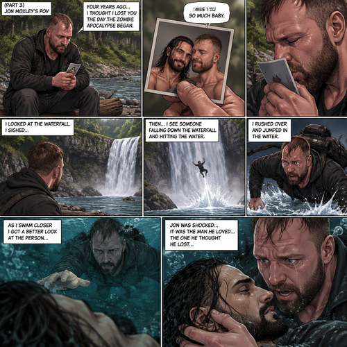 (Recap) Still in the Zombie Apocalypse. Seth Rollins’s world was still black after he fell down a waterfall and hit the water,The his body coughed out water,Then a familiar voice faded in saying “It’s ok baby,It’s ok baby,I got you”,he slowly opened his eyes,the familiar voice spoke again saying “That’s it baby,Open those beautiful eyes”,his vision cleared,he sees Jon Moxley looking down at him and holding him with tears of joy in his eyes,”Jon?” Seth asked weakly. (And now part 3) (This is Jon Moxley’s POV). Jon was sitting down on a log near the river alone looking sad. He looked at a romantic photo of Him and Seth before the zombie apocalypse began. Jon thought Seth died the day the zombie apocalypse began 4 years ago. Tears streamed down Jon’s face,He gently kissed the photo he’s holding. “I miss you so much baby” Said Jon. He looked at the waterfall,He sighed,Then….He sees someone falling down the waterfall and hitting the water. He rushes over and jumps in the water,As he swam closer he got a better look at the person….Jon was shocked….It was the man he loved…The one he thought he lost….Seth Rollins