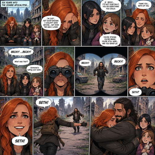 (Recap)It’s a zombie apocalypse,It’s been that way for 6 years,Becky lynch is surviving with two people,A teenager named Raven and a little girl named Sophie,They used to be part of a group…but they got wiped out by Bandits and Zombies,Becky,Raven and Sophie were the only ones that managed to escape.m,They’re currently walking in the city,They sat down on a bench to take a break,They were silent for a while,Then Becky started to cry,Raven and Sophie were concerned,Becky felt like nothing she did was good enough and that she couldn’t save anyone even the man she loved,Raven and Sophie were sad to see Becky like this,They reassured her,Becky smiled softly,They all hug each other. (And now part 2). Becky,Raven and Sophie were still sitting on the bench. Then…they heard a faint voice calling Becky’s name. They looked…and see a figure running towards them and calling Becky’s name in the distance. Becky grabbed her binoculars to see who it is. She couldn’t believe it…it was…The man she loved…the one who she thought she lost…Seth Rollins. Becky lowered her binoculars,her eyes widened in shock. “Seth?” Becky asked. Becky smiled and tears of joy rolled down her face. She ran towards him calling his name