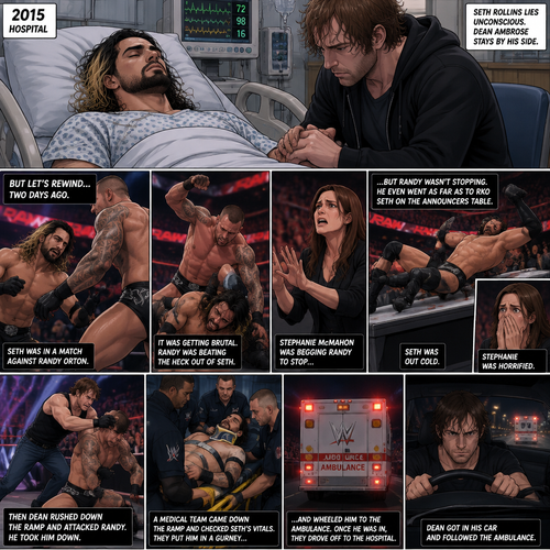 It’s the year 2015,We’re in a hospital. Seth Rollins was lying in a hospital bed unconscious. Dean Ambrose was sitting by his side and holding his hand. (What happened to Seth you ask? Well…let’s rewind to two days ago). Seth was in a match against Randy Orton. It was getting brutal. Randy was beating the heck out of Seth. Stephanie McMahon was begging Randy to stop…but Randy wasn’t stopping. He even went as far as to Rko Seth on the announcers table. Stephanie was horrified. Seth was out cold. Then Dean rushed down the ramp and attacked Randy. He took him down. A medical team came down the ramp and checked Seth’s vitals. They put him in a gurney and wheeled him to the ambulance. Once he was in the ambulance they drove off to the hospital. Dean got in his car and followed the ambulance