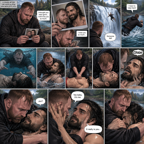 (Recap) Still in the zombie apocalypse. (This was Jon Moxley’s POV). Jon sat on a log near the river alone looking sad,He was looking at a romantic photo of him and Seth Rollins before the apocalypse began,He thought Seth died the day of the apocalypse started 4 years ago,He gently kissed the photo and said he misses Seth So much,He saw someone fall down the waterfall,he jumped in the water,As he swam he got a better look at the person,It turned out to be Seth,He swam faster and got him,He was to shore and Gently placed Seth’s down,He did CPR and mouth to mouth on Seth,When all hope seemed lost Seth coughed out water,Jon gently held Seth with tears of joy streaming down his face,Seth slowly opened his eyes,”Jon?” Seth asked weakly. (And now part 4). Jon gently placed his hand on Seth’s cheek. “Yes baby,It’s me” Jon said Softly. Seth gently placed his hand on Jon’s cheek to see if it’s really him,Tears streamed down his face. “It really is you” Seth said through his tears. Jon gently pulled Seth into a hug. Seth cried into Jon’s shoulder