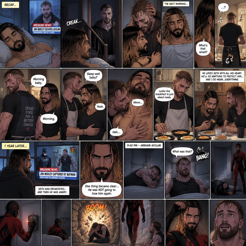 (Recap). Seth Rollins was asleep in his bed after finding out Jon Moxley A.K.A the joker had escaped the asylum on a news report,Then he heard a noise downstairs,Someone broke into his house,It turned out to be Jon,They had an emotional reunion,The next morning,Seth slowly woke up on his bed,He looked at his surroundings,Jon wasn’t there,He believed it was a dream,He sighed,then he smelled something,He got up and followed the smell to the kitchen,Then he sees Jon making breakfast while humming a tune,Seth smiled,It wasn’t a dream after all,Jon eventually noticed Seth,He smiled softly,“Morning baby” Said Jon,”Morning” Said Seth,Jon motioned for Seth to come closer,Seth came closer to Jon.Jon wrapped his arm around Seth’s waist,then he kissed Seth’s forehead,Seth hummed softly,”Sleep well baby?” Jon asked softly,”Yeah” Seth said softly,Jon kissed Seth’s neck,Seth’s heart fluttered,Jon gently placed his hand on Seth’s chest to feel his heartbeat,Seth blushed,Jon chuckled softly,Jon looked at the food,”Looks like breakfast is just about ready” Said Jon,Seth sat at the table and Jon put the breakfast on the table,They ate the food,Jon stared lovingly at Seth while he ate,He loves Seth with all his heart,He’ll do anything to protect him….and I do mean…everything. (And now part 4). 1 year later,Seth was waiting for Jon at home. Then a news report came on saying that Jon was captured by Batman and was sent back to the asylum. Seth was devastated…and then he was angry. One thing became clear…He was NOT going to lose him again. 9:40 pm,Jon was asleep in his padded room in the asylum…then he heard a loud Bang. He jolted awake. “What was that?” Jon asked himself,Then he saw one of the guards get taken out. There was a man in a red and black Harlequin costume,He was wearing a mask. Jon was confused. The Harlequin man put a bomb on the cell door,then activated it and took cover. Jon took cover as well. The bomb went off,blowing the door off. The harlequin man walked in. Jon looked up at him. The harlequin man took off his mask,It was Seth