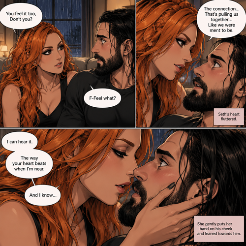 Part 2.The setting is still at Seth Rollins’s house,It’s still raining outside.”You feel it too,Don’t you” Asked Becky Lynch. “F-Feel what?” Asked Seth Rollins nervously.Becky gets closer to Seth. “The connection…That’s pulling us together…Like we were ment to be” Becky said softly.Seth’s heart fluttered.Becky can hear it,She gently puts her hand on his cheek and leaned towards him