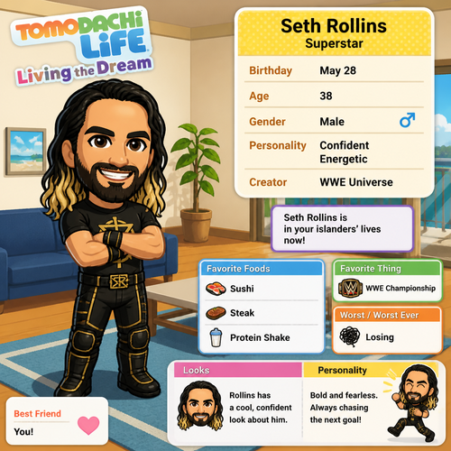 WWE superstar Seth Rollins as a character from Tomodachi life:Living the dream 