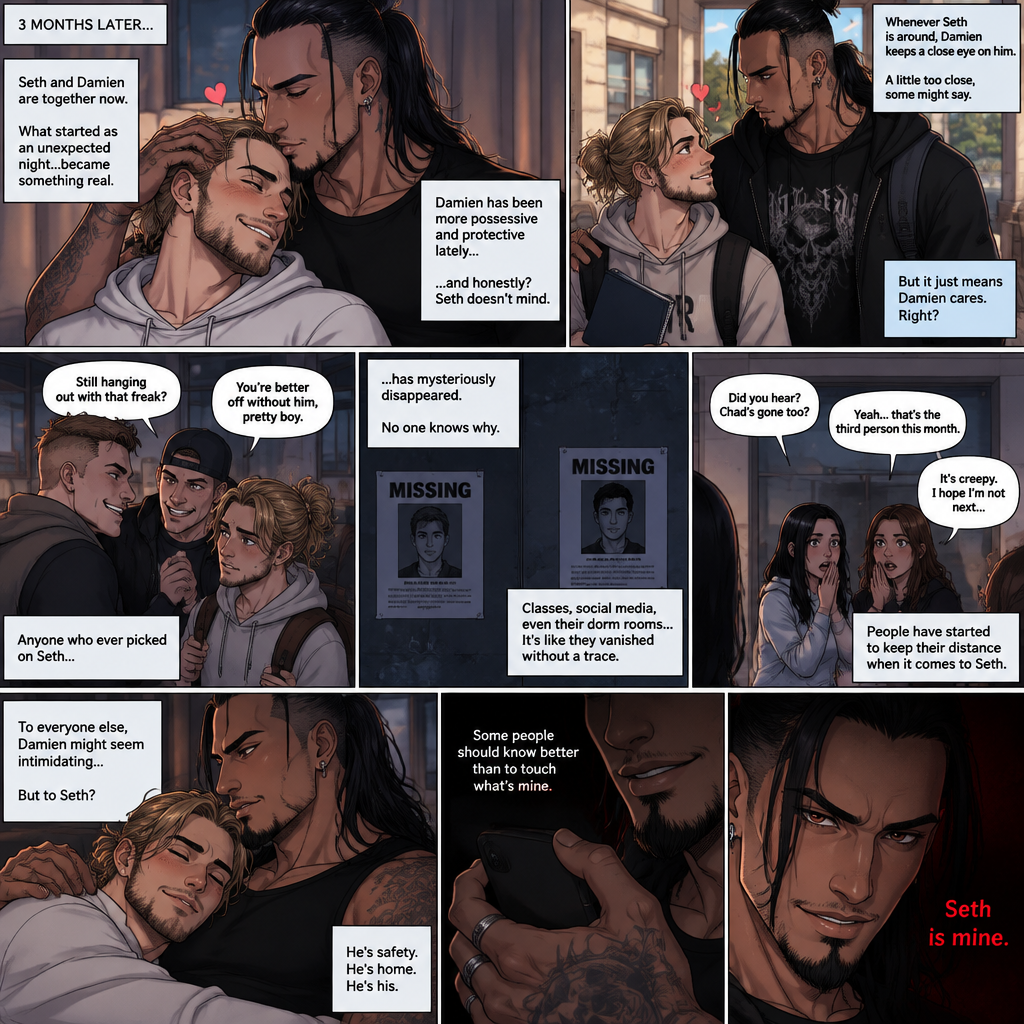 (Recap). Seth Rollins (College student) helped Damien Priest (The bad boy) tend to his wounds on his chest and shoulder after he entered Seth’s dorm room,The next morning,Seth and Damien were asleep in Seth’s bed,Seth slowly woke up,He was in Damien’s embrace,He blushed and his heart fluttered,Damien must’ve heard it because he subconsciously put his hand on Seth’s chest to feel Seth’s heartbeat and hummed softly in his sleep,Seth was flustered,Then…Damien slowly woke up and looked at Seth,”Your heart beats so beautifully” Damien said in a soft voice,Damien then whispered in Seth’s ear,“Is it because of me,Angel?” Damien asked seductively,The blush on Seth’s face deepened,Damien gave a smug and seductive smile.,”Can I kiss you?” Damien asked softly. Seth Got more Flustered,“S-Sure” Seth said nervously,Damien gently kissed Seth. (And now part 4). 3 months had passed,Seth and Damien are together. Damien had been acting strangely possessive and protective of Seth. Anyone who ever picked on Seth…had mysteriously disappeared. Nobody knew why