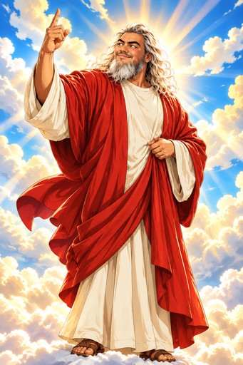 Manga-style robed person raising a hand against a bright cloudy sky