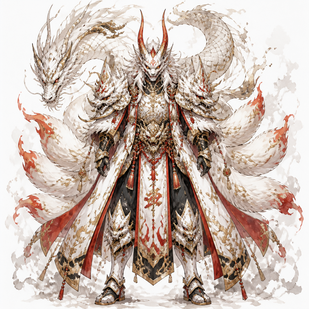 Fuse Oni, loung dragon, 9 tail fox into a oni style armor that has all the best appearance from Fuse Oni, loung dragon, 9 tail fox. Only show final product. Colors white,gold,red, black. Front view