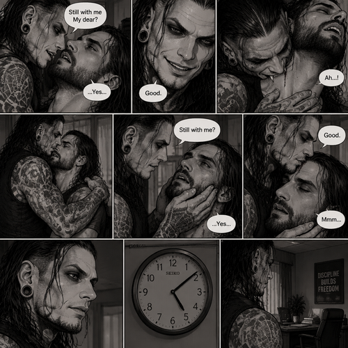(Part 4 of the Vampire x human story). Still in Jeff Hardy’s office. Jeff was still Kissing Seth Rollins against the wall. After about a minute,Jeff pulled away. Jeff whispered in Seth’s ear “Still with me My dear?” Jeff asked softly. “…Yes…” Seth said softly. Jeff grinned. He leaned forward to Seth’s neck. Seth’s heart was racing. Jeff placed his hand on Seth’s chest to feel his heartbeat again. Seth gasped softly. Jeff gently pierced his fangs into Seth’s neck. Seth yelped softly. Jeff wrapped his arms around Seth. After awhile Jeff removed his fangs from Seth’s neck. Seth was breathing softly. Jeff gently placed his hand on Seth’s cheek. “Still with me?” Jeff asked softly. Seth looked up at Jeff while trying to keep his eyes open. “…Yes…” Seth said softly. Jeff smiled. “Good” Jeff said softly. Jeff gently kissed Seth’s forehead. Seth hummed softly. Jeff looked at the clock on the wall,it was 5:08 pm