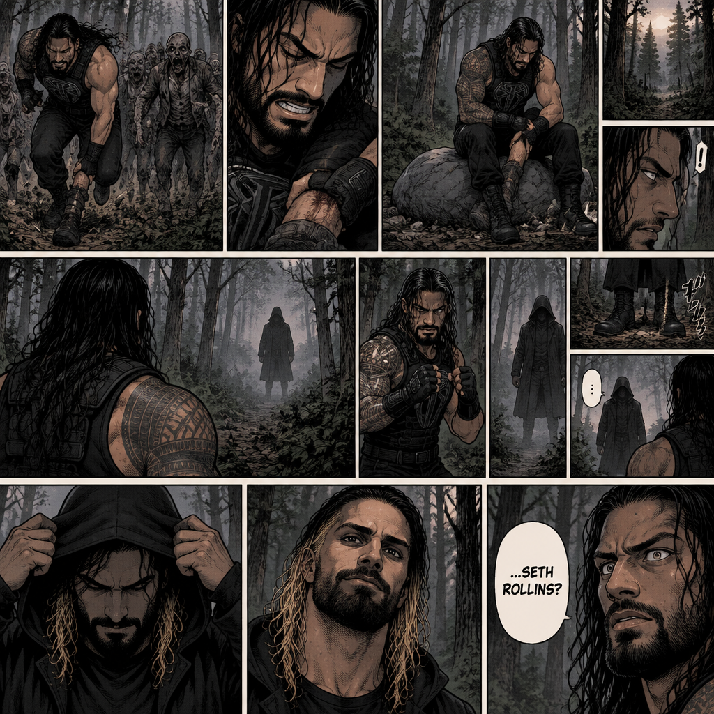 Roman Reigns is in a zombie apocalypse,He walking in the woods. He hurt his ankle while running away from a zombie horde. He’s far away from them and limping in the woods. The pain in his ankle was too much to ignore so he sat down on a rock,he sat there for a while….then….he heard distant footsteps. He looked behind him. There’s a hooded figure in the distance. He slowly stood up,he had his guard up. The hooded figure stopped walking. They were silent for a while. Then….the hooded figure took off his hood…it was….Seth Rollins