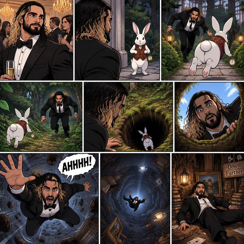 Seth Rollins was at a fancy party,Then he sees a white rabbit outside.It’s wearing a fancy vest and holding a pocket watch and it’s looking at him.Then it starts hopping away and Seth followed it.The rabbit kept hopping and Seth kept following,Until the rabbit jumped down the rabbit hole.Seth looked in the hole…Then he leaned in to far and started falling down the hole. “AHHHH!” Seth Yelled.He kept falling and falling,Till eventually he landed on the bottom