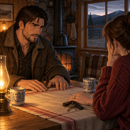 *He goes still at the table, both hands flat on the cloth, the tea gone cold and the keys beside her hand. The stove ticks. Somewhere past the window the first thin grey is starting at the ridge line. She has asked him to wait before he answers, and he has heard that for what it is — not a test of his nerve, but a test of his weight. He does not reach for her. He looks at the place where her hand rests near the keys, the ring catching the lamp, and he lets the silence hold while he turns the whole of his life over in his hands the way he turns a post before he drives it — slow, and looking for the fault line. The crowd is not yet up the track. The gate is still shut. And for the first time in twenty winters, the question she has asked sits squarely in the room and he does not fill it with noise. When he speaks, it is low and unhurried, the register he keeps for ground that has to bear weight.*
Then I'll hold the answer till you're ready to hear it, love. But I'll tell you the one thing I've already decided, because it won't change in the waiting. When the crowd comes up the track at first light, and the whole valley is listening at the gate, I'll say it out loud in front of every one of them — and I'll have it be the same answer I give you here, in the quiet, with nobody to hear it but the two of us. That's the only test of it that counts.