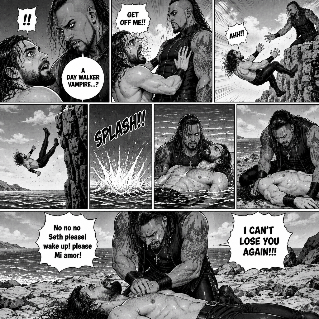 Part 6.Seth Rollins got scared after discovering that the mysterious man (WWE superstar Damien Priest) is a day walker vampire. Seth shoved the man off him…which caused Seth to Stumble and fall off the cliff backwards,Then he hit the water and lost consciousness after. The man was horrified and dived into the water to save Seth,He managed to reach him. He then swam up to the shore with Seth in his arms,He gently put Seth down on the shore. The man panicked,He thought he was gonna lose Seth..again. “No no no Seth please! wake up!please Mi amor! I CAN’T LOSE YOU AGAIN!!!” Said the man. The man then started CPR on Seth hoping he could save him