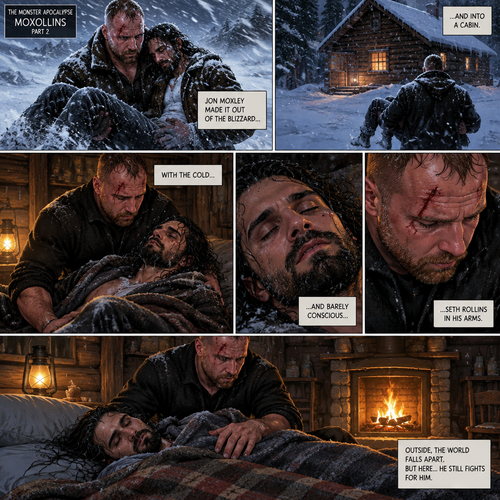 (The monster apocalypse/Moxollins story part 2) Jon Moxley made it out of the blizzard and into a cabin With the Cold and barely conscious Seth Rollins in his arms