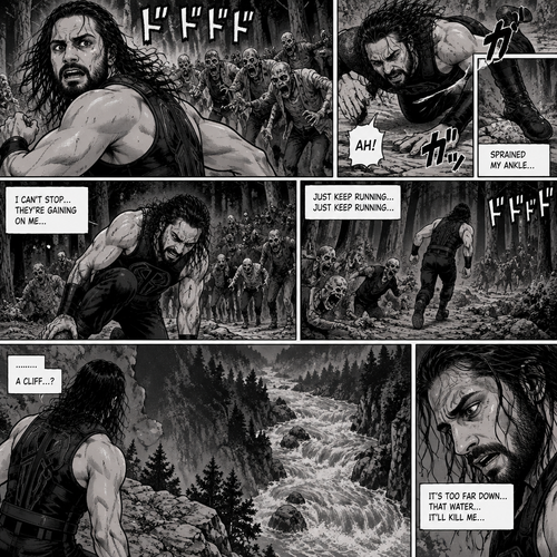 We’re in the woods during a zombie apocalypse,Someone was running…and that someone…is Seth Rollins. He was running from a zombie horde after being abandoned and left to die by his own group. He kept running….Till he tripped on a rock and sprained his ankle. The zombie horde was gaining on Seth,So he kept running despite the pain in his ankle. He was running and running….till he got to the edge of a cliff. He looks down,There was rapid water at the bottom