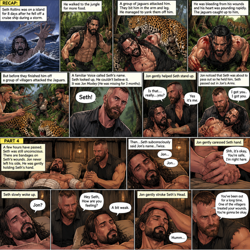 (Recap) Seth Rollins was on a Island for 8 days after he fell off a cruise ship during a storm,He walked to the jungle for more food,Then a group of jaguars attacked him,They bit him in the arm and leg,He managed to yank them off him,He was bleeding from his wounds and his heart was pounding rapidly,The jaguars caught up to him,but before they finished him off a group of villagers attacked the Jaguars,A familiar Voice called Seth’s name,Seth looked up,He couldn’t believe it,It was Jon Moxley (He was missing for 3 months),Jon gently helped Seth stand up,”Is that….really….you?” Seth asked,”Yes it’s me” Said Jon,Jon noticed that Seth was about to pass out so he held him,Seth passed out in Jon’s Arms,”I got you..I got you” Said Jon,He lifted Seth in his arms. (And now part 4). A few hours have passed,Seth was still unconscious,There are bandages on Seth’s wounds. Jon never left his side,He was gently holding Seth’s hand. Then….Seth subconsciously said Jon’s name…Twice. Jon gently caressed Seth hand. “Shh,It’s okay,You’re safe,I’m right here” Jon said softly. Seth slowly woke up. “Jon?” Seth asked softly. “Hey Seth,How are you feeling?” Jon said softly. “A bit weak” Seth said softly. Jon gently stroke Seth’s Head. Seth hummed softly. “You’ve been out for a long time,One of the villagers treated your wounds,You’re gonna be okay” Jon said Softly