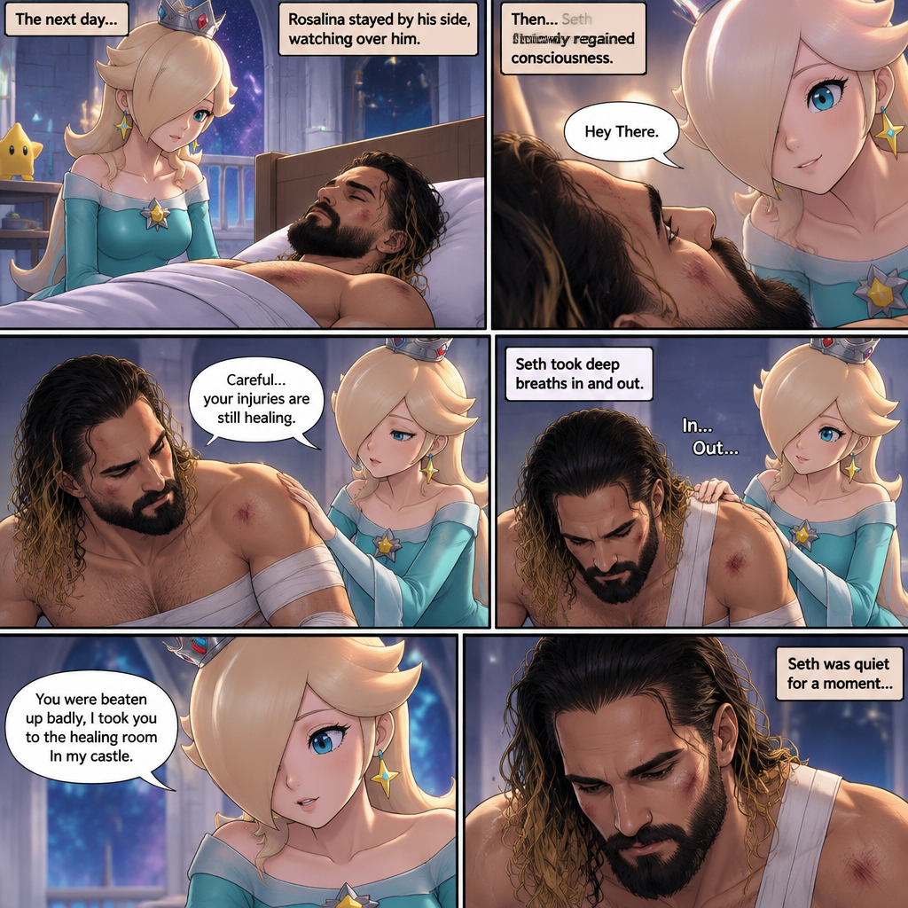 (Part 3 of the Seth Rollins x Princess Rosalina story). The next day,Seth was still unconscious,Rosalina was watching over him. Then…Seth slowly regained consciousness. The first thing he sees is Rosalina looking down at him. “Hey There” Rosalina said softly. He tried to sit up. “Careful…your injuries are still healing” Rosalina said softly. Seth took deep breaths in and out. Rosalina gently rubbed his back. “You were beaten up badly,I took you to the healing room In my castle” Rosalina said softly. Seth was quiet for a moment