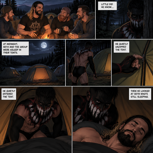 Seth Rollins was at a camp site with a group of friends,Little did he know….a mysterious creature (Finn Bálor) was watching him. At midnight,Seth and the group were asleep in their tents. The mysterious creature slowly walked towards Seth’s tent,He quietly unzipped the tent. He quietly entered the tent,Then he looked at Seth who’s still sleeping