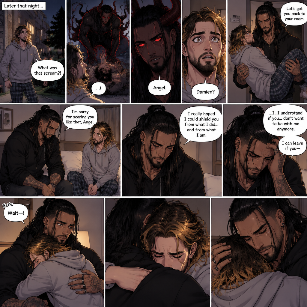 (Recap). Seth Rollins (College student) and Damien Priest (The bad boy) had been dating for 3 months now,Damien had been acting strangely possessive and protective of Seth,Anyone who ever picked on Seth had mysteriously disappeared,Nobody knew why,One night Seth just finished his homework assignment,He was about to get ready for bed,then he heard a scream,He ran outside to investigate,When he got to the source of the scream he saw A petty thief Getting attacked by some sort of demon,Seth got scared,The demon noticed Seth,Seth stumbled backward,The demon slowly walked towards Seth as if it didn’t want to scare him any further,Seth’s heart was pounding with fear,Then the demon spoke “Angel”,Seth’s eyes widened,There was only one person who calls him Angel,“Damien?” Seth asked,Damien Gently picked Seth up in his arms,He walked towards the dorm room with Seth In his arms. (And now Part 5). He arrived at the dorm room with Seth in his arms. He gently put Seth down on the bed. “I’m sorry for scaring you like that Angel” Damien said softly. “I really hoped I could shield you from what I did…and from what I am” Damien continued softly. Seth could tell that Damien was guilty. “..I…I understand if you…don’t want to be with me anymore” Damien said with a sad tone. “I can leave if you-“ Seth cuts Damien off with a hug