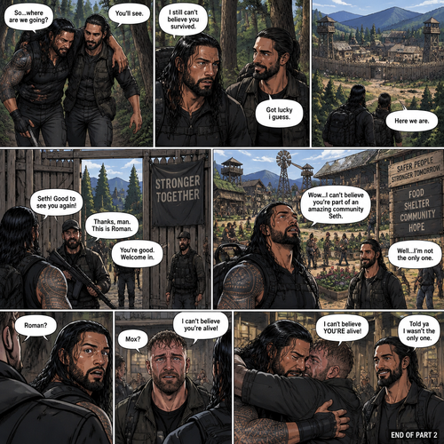 (Part 2 of the Zombie Apocalypse story). Still in the woods,Still far away from the zombies. Roman Reigns was still limping from the sprained ankle and Seth Rollins was helping him walk. It had been 4 hours since they reunited. “So…where are we going?” Roman asked. “You’ll see” said Seth. “I still can’t believe you survived” Said Roman. “Got lucky i guess” said Seth. They kept walking till they spotted a community like town up a head. “Here we are” Said Seth. They walked towards it. One of the guards recognized Seth. The guards let Seth and Roman in. Roman looked at the surroundings,he was amazed. “Wow…I can’t believe you’re part of an amazing community Seth” Said Roman. “Well…I’m not the only one” said Seth. Before Roman could ask what Seth ment….He heard a familiar voice behind him “Roman?”. He turned around…it was Jon Moxley (formerly known as Dean Ambrose). “Mox?” Asked Roman. Tears welled up In Jon and Roman’s eyes. They hugged each other and cried tears of joy. “I can’t believe you’re alive!” Said Jon. “I can believe YOU’RE alive!” Said Roman. “Told ya I wasn’t the only one” said Seth. (End of part 2)