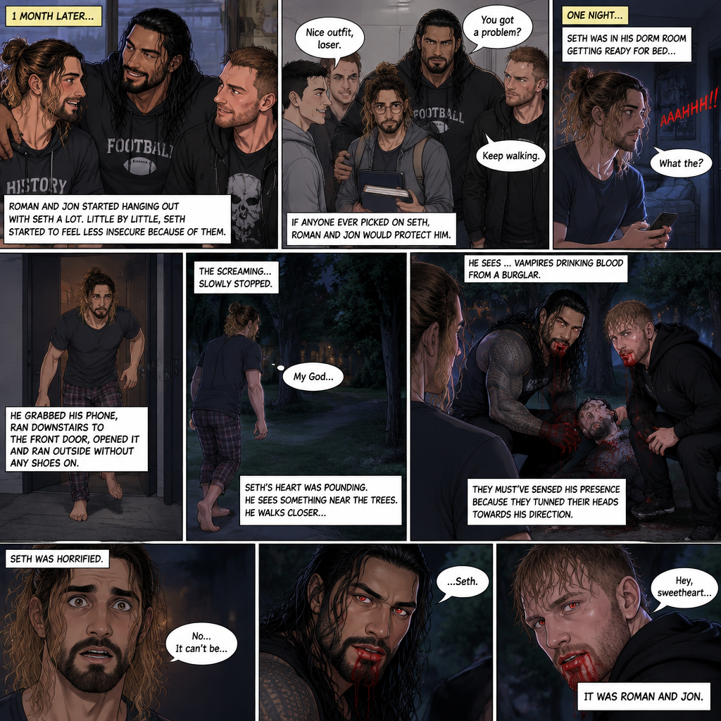(Recap) Seth Rollins (College student) was at a history class,Then two students came in late,Roman Reigns (College Football Player) and Jon Moxley (bad boy) a.k.a the power couple,Seth thought about approaching them but his insecurity won’t let him,He thought they wouldn’t want be be around someone who was as ugly as him,He focused,Then Roman and Jon sat at two empty desks on each side of Seth,Seth was surprised,They said hello and flirted with him,Seth blushed. (And now part 2). 1 month had passed,Jon and Roman started hanging out with Seth a lot,Little by little Seth started to feel less insecure because of them. If anyone ever picked on Seth Roman and Jon would protect him. One night Seth was in his dorm room getting ready for bed…then he heard a scream coming from outside. “What the?” Seth said. He grabbed his phone,Ran downstairs to the front door,opened it and ran outside to the sound without any shoes on. The screaming….slowly stopped. Seth’s heart was pounding. He sees something near the trees,He walks closer….He sees…vampires drinking blood from a burglar. Seth was horrified. They must’ve sensed his presence because they turned their heads towards his direction. Seth couldn’t believe it…it was Roman and Jon