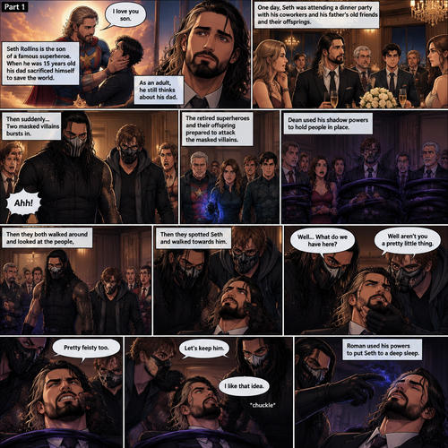 (Part 1 of an Ambrolleigns story) Seth Rollins is the son of a famous superhero. When he was 15 years old his sad sacrificed himself to save the world,the last this his dad said to him was “I love you son”. As an adult he still thinks about his dad. One day He was attending a dinner party with his coworkers and his father’s old friends and their offsprings,Then suddenly….Two masked villains (Roman Reigns and Dean Ambrose) bursts in. Some people screamed and the retired superhero’s and their offspring prepared to attack the masked villains. Then Dean used his shadow powers to hold people In place. After that they both walked around and Looked at the people,Then they spotted Seth and walked towards him. “Well…What do we have here?” Roman asked. Dean grabbed Seth’s chin. “Well aren’t you a pretty little thing” Said Dean. Seth struggled against the shadow binds. “Pretty feisty too” said Roman. Dean looked at Roman and said “Let’s keep him”. Seth struggled against the shadow binds again after hearing that. Roman chuckled evilly and said “I like that idea”. Roman used his powers to put Seth to a deep sleep