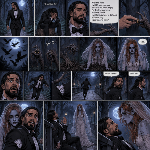 (Part 1 of the corpse bride,Seth x Becky style). Seth Rollins was walking in the woods alone at night after running away from a wedding rehearsal. After a while He sat at a tree stump,he puts his head in his hands. “I can’t do it” Seth said to himself. He took a deep breath. He began practicing his vows,”With this hand,I will lift your sorrows,Your cup will never empty,For I will be your wine,With this candle,I will light your way in darkness,With this ring,I ask you…To mine”. He puts the wedding ring on a tree branch that suspiciously looks like a ring finger. Then the crows flew by,Then….The branch the suspiciously looked like a hand…twitched. Then….The branch that suspiciously looks like a hand pulled itself underground. Seth got spoked when he saw that. Then…an undead woman in a wedding dress (Becky Lynch) crawled out from the ground. She stood up,Lifted her vail,Looked at Seth and said in a quiet voice “I do”. Seth got scared and ran further into the woods. The woman just slowly and calmly walked after him. While Seth was running his tuxedo jacket got caught in some branches and ripped. He kept running till he got to a bridge. He looked behind him…No one was there. He believed he lost her. He turned around to walk home…The undead bride was right there. Seth got spooked. He slowly backed away till his back hit the railing. The undead Bride slowly walked towards him