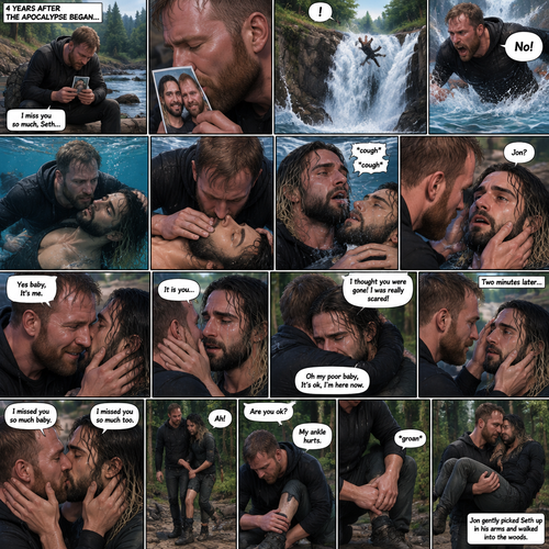 (Recap) Still in the zombie apocalypse. (This was Jon Moxley’s POV). Jon sat on a log near the river alone looking sad,He was looking at a romantic photo of him and Seth Rollins before the apocalypse began,He thought Seth died the day of the apocalypse started 4 years ago,He gently kissed the photo and said he misses Seth So much,He saw someone fall down the waterfall,he jumped in the water,As he swam he got a better look at the person,It turned out to be Seth,He swam faster and got him,He was to shore and Gently placed Seth’s down,He did CPR and mouth to mouth on Seth,When all hope seemed lost Seth coughed out water,Jon gently held Seth with tears of joy streaming down his face,Seth slowly opened his eyes,”Jon?” Seth asked weakly. (And now part 4). Jon gently placed his hand on Seth’s cheek. “Yes baby,It’s me” Jon said Softly. Seth gently placed his hand on Jon’s cheek to see if he’s real,Tears streamed down his face. “It is you” Seth said through his tears. Jon gently pulled Seth into a hug,Seth cried on Jon’s shoulder. Jon gently stroked the back of Seth’s head while Seth continued to cry on Jon’s shoulder. “I thought you were gone!,I was really scared!” Seth said through his tears. “Oh my poor baby,It’s ok,I’m here now” Jon said softly. Jon Gently rubbed Seth’s back to try to soothe him. After 2 minutes,Seth slowly stopped crying. They looked at each other,Jon gently wiped away the tears on Seth’s face,Then they kissed each other. “I missed you so much baby” Jon said softly. “I missed you So much too” Seth said softly. They stood up….then pain shut up Seth’s sprained ankle. “Are you ok?” Jon asked. “My ankle hurts” Said Seth. Jon looked at Seth’s sprained ankle,He gently squeezed it to see how painful it is,Seth groaned in pain a little. Jon gently picked Seth up In his arms and walked into the woods