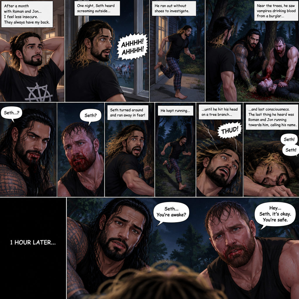 (Recap) Roman Reigns (The college football player) and Jon Moxley (The bad boy) have been hanging out with Seth Rollins (The college student) for a month,They would even protect him from bullies,Seth stated feeling less insecure because of them,one night he was getting ready for bed in his dorm room,then he heard screaming from outside,He ran outside to investigate without any shoes on,the screaming slowly stopped,He sees something near the trees,he walked closer,He sees vampires drinking blood from a burglar,they sensed his presence and looked at him,it was Roman and Jon,Seth turned around and ran away in fear,Roman and Jon called out after him,Seth kept running till he hit his head on a tree branch and lost consciousness,the last thing he heard before losing consciousness was Roman and Jon running towards him and calling his name. (And now part 3). 1 hour had passed,Seth was still unconscious. Then his eyes slowly opened,the first thing he sees was Roman and Jon looking down at him with worried looks on their faces
