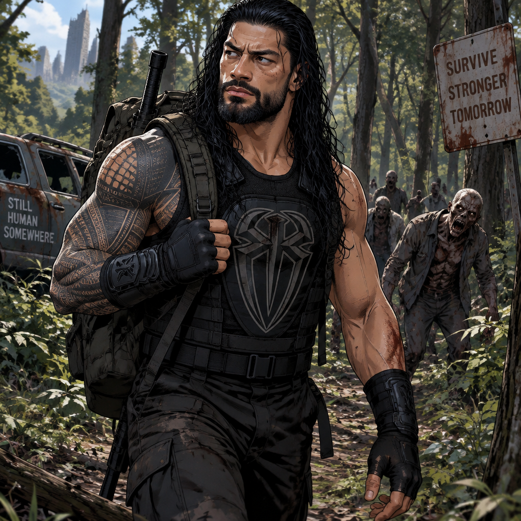 Roman Reigns is in a zombie apocalypse,He walking in the woods
