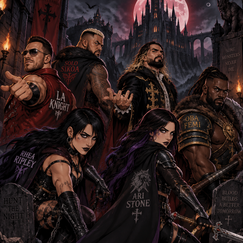 LA Knight,Solo Sikoa,Seth Rollins,Oba Femi,Rhea Ripley and Ari Stone (My wrestler oc) in Castlevania 